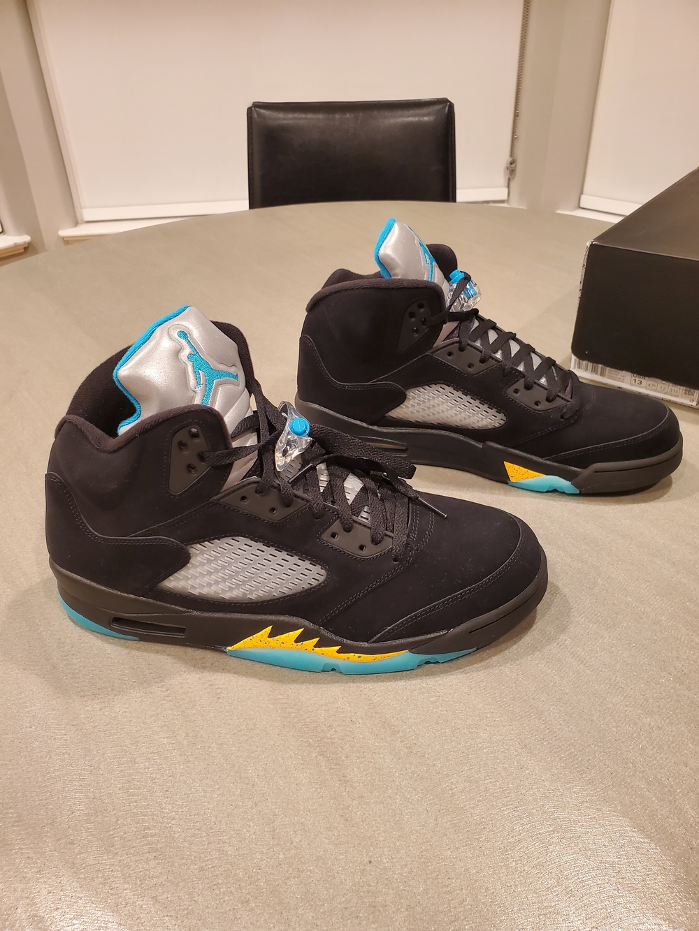 Jordan 5 Aqua. Men's Black Sneakers with Teal and Yellow Accents